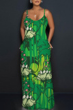 Blue Floral Print Sleeveless Backless Spaghetti Strap Floor Length Casual Outings Straight Loose Maxi Slip Dresss