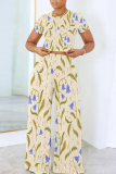 Light Blue Geometric Print O Neck Short Sleeve T Shirt and Pocket High Waist Wide Leg Pant Casual Outings Two Piece Trouser Set