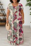 Rose Red Graphic Print O Neck Short Sleeve Floor Length Casual Outings Straight Loose Maxi Dresss