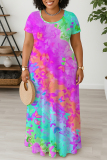Rose Red Graphic Print O Neck Short Sleeve Floor Length Casual Outings Straight Loose Maxi Dresss