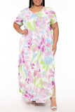 Light Blue Geometric Print V Neck Short Sleeve Pocket Side Slit Casual Outings Plus Size Straight Loose Maxi Dress