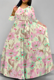 White Flowers Striped Print O Neck Nine Points Sleeve Pocket With Belt Casual Outings Loose Maxi Dress