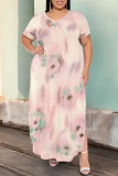 Light Blue Geometric Print V Neck Short Sleeve Pocket Side Slit Casual Outings Plus Size Straight Loose Maxi Dress