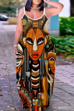 Blue Orange Figure Print Sleeveless Backless Spaghetti Strap Floor Length Casual Outings Straight Loose Maxi Slip Dresss