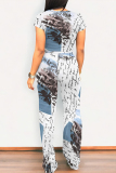 Light Blue Geometric Print O Neck Short Sleeve T Shirt and Pocket High Waist Wide Leg Pant Casual Outings Two Piece Trouser Set