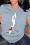 White portrait Print O Neck Short Sleeve Casual Outings Women Loose Graphic T Shirt