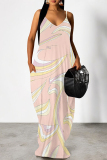 Dark Pink Geometric Print Deep V Neck Sleeveless Backless Spaghetti Strap Casual Outings Straight Loose Maxi Slip Dress