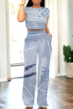 Light Blue Geometric Print O Neck Short Sleeve T Shirt and Pocket High Waist Wide Leg Pant Casual Outings Two Piece Trouser Set