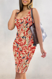 Red National Totem Print U Neck Sleeveless Spaghetti Strap Casual Summer Outings Bodycon Tank Midi Dresses