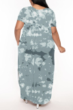 Light Blue Geometric Print V Neck Short Sleeve Pocket Side Slit Casual Outings Plus Size Straight Loose Maxi Dress
