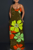 Blue Floral Print Sleeveless Backless Spaghetti Strap Floor Length Casual Outings Straight Loose Maxi Slip Dresss