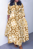 Light Purple Floral Print O Neck 3/4 Sleeve Casual Daily Plus Size Pleated Maxi Dress