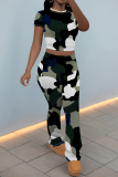Grey Green Camouflage Print O Neck Short Sleeve T Shirt and Pocket High Waist Wide Leg Pant Casual Outings Two Piece Trouser Set