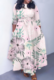 Light Purple Floral Print O Neck 3/4 Sleeve Casual Daily Plus Size Pleated Maxi Dress
