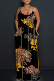Blue Plants Print Sleeveless Backless Spaghetti Strap Floor Length Casual Outings Straight Loose Maxi Slip Dresss