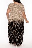 Light Blue Geometric Print V Neck Short Sleeve Pocket Side Slit Casual Outings Plus Size Straight Loose Maxi Dress