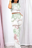 Light Blue Geometric Print O Neck Short Sleeve T Shirt and Pocket High Waist Wide Leg Pant Casual Outings Two Piece Trouser Set