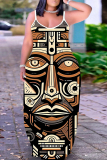 Blue Orange Figure Print Sleeveless Backless Spaghetti Strap Floor Length Casual Outings Straight Loose Maxi Slip Dresss