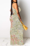 Light Khaki Flowers Stripe Geometric Print O Neck Sleeveless Casual Outings Straight Loose Maxi Dress