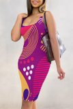 Dark Blue Graphic Print U Neck Sleeveless Spaghetti Strap Casual Summer Outings Bodycon Tank Midi Dresses