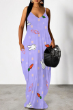 Blue Purple Cartoon Flowers Letters Print Deep V Neck Sleeveless Backless Spaghetti Strap Casual Outings Straight Loose Maxi Slip Dress