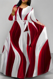 White Flowers Striped Print O Neck Nine Points Sleeve Pocket With Belt Casual Outings Loose Maxi Dress