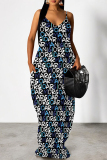 Blue Purple Cartoon Flowers Letters Print Deep V Neck Sleeveless Backless Spaghetti Strap Casual Outings Straight Loose Maxi Slip Dress