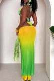 Green Sleeveless Backless Cami Bra and Maxi Skirt Bikini Swimsuit Women's swimsuit Three-Piece Set