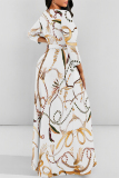 White Flowers Striped Print O Neck Nine Points Sleeve Pocket With Belt Casual Outings Loose Maxi Dress