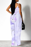 Dark Pink Geometric Print Deep V Neck Sleeveless Backless Spaghetti Strap Casual Outings Straight Loose Maxi Slip Dress