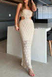 Yellow Imitation Cotton Hollow Out Side Slit Ruched Cover-Ups Vacation Beach Maxi Dresses