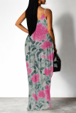 Blue Purple Floral Print Deep V Neck Sleeveless Backless Spaghetti Strap Casual Outings Straight Loose Maxi Slip Dress