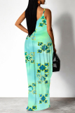 Blue Purple Cartoon Flowers Letters Print Deep V Neck Sleeveless Backless Spaghetti Strap Casual Outings Straight Loose Maxi Slip Dress