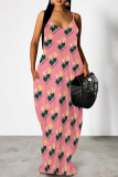Blue Purple Cartoon Flowers Letters Print Deep V Neck Sleeveless Backless Spaghetti Strap Casual Outings Straight Loose Maxi Slip Dress