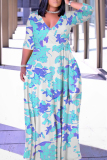 Light Green Geometric Print V Neck 3/4 Sleeve Lace Up Casual Outings Baggy Maxi Dress
