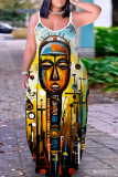 Blue Orange Figure Print Sleeveless Backless Spaghetti Strap Floor Length Casual Outings Straight Loose Maxi Slip Dresss
