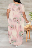 Light Blue Geometric Print V Neck Short Sleeve Pocket Side Slit Casual Outings Plus Size Straight Loose Maxi Dress