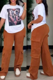 White Letter Print O Neck Short Sleeve T Shirt and Brown Baggy Cargo Pants Casual Outings Two Piece Matching Set