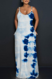Blue Graphic Print Sleeveless Backless Spaghetti Strap Floor Length Casual Outings Straight Loose Maxi Slip Dresss