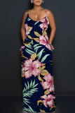 Blue Plants Print Sleeveless Backless Spaghetti Strap Floor Length Casual Outings Straight Loose Maxi Slip Dresss