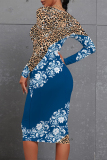 Purple Leopard Floral Print O Neck Long Sleeve Casual Outings Bodycon Midi Dress