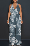White Colorblock Print Sleeveless Backless Lace Up Casual Outings Loose Wide Leg Cami Jumpsuit