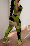 Grey Green Camouflage Print O Neck Short Sleeve T Shirt and Pocket High Waist Wide Leg Pant Casual Outings Two Piece Trouser Set