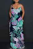 Blue Plants Print Sleeveless Backless Spaghetti Strap Floor Length Casual Outings Straight Loose Maxi Slip Dresss
