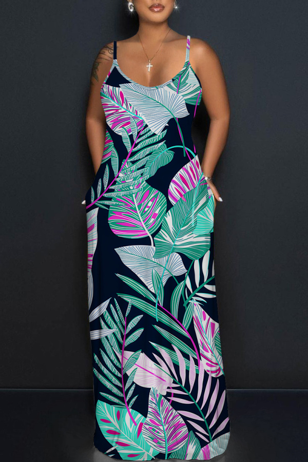 Blue Plants Print Sleeveless Backless Spaghetti Strap Floor Length Casual Outings Straight Loose Maxi Slip Dresss