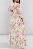 White Flowers Striped Print O Neck Nine Points Sleeve Pocket With Belt Casual Outings Loose Maxi Dress