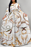 White Flowers Striped Print O Neck Nine Points Sleeve Pocket With Belt Casual Outings Loose Maxi Dress