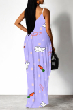 Blue Purple Cartoon Flowers Letters Print Deep V Neck Sleeveless Backless Spaghetti Strap Casual Outings Straight Loose Maxi Slip Dress