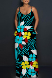 Blue Plants Print Sleeveless Backless Spaghetti Strap Floor Length Casual Outings Straight Loose Maxi Slip Dresss