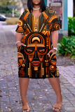 Green Figured Print V Neck Short Sleeve Knee Length Casual Daily Plus Size Straight Loose T Shirt Dress